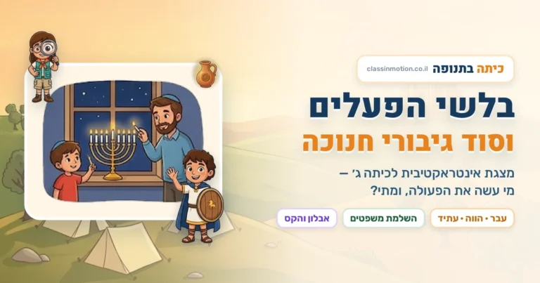 מזהים פעלים בסיפור חנוכה, מגלים מי ביצע את הפעולה ומשלימים מצגת לכיתה ג