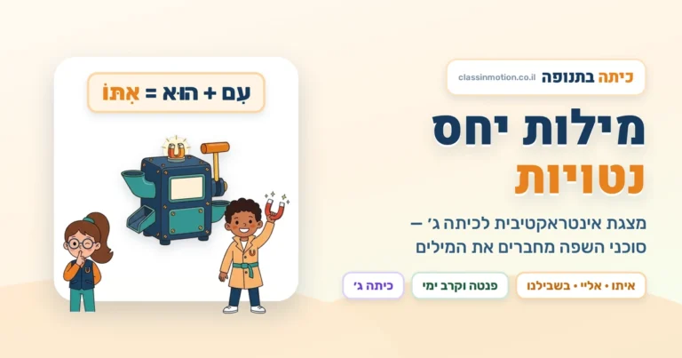 מצגת עברית לכיתה ג׳ על מילות יחס נטויות: איתו, אליי, בשבילנו.