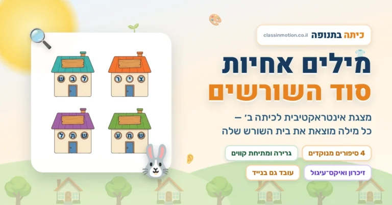 מצגת אינטראקטיבית לכיתה ב׳ על שורשים ומשפחות מילים: ארבעה סיפורים מנוקדים, מיון מילים