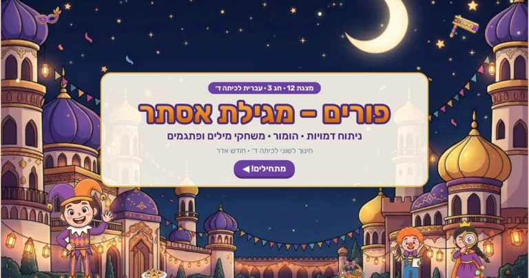 מצגת פורים לכיתה ד׳ אינטראקטיבית: ניתוח דמויות המגילה, עובדה ופרשנות, הומור