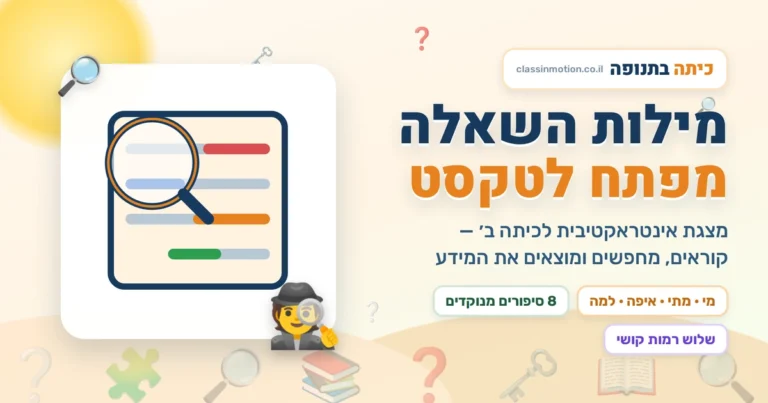 מילות השאלה מפתח לטקסט | מצגת אינטראקטיבית בעברית לכיתה ב