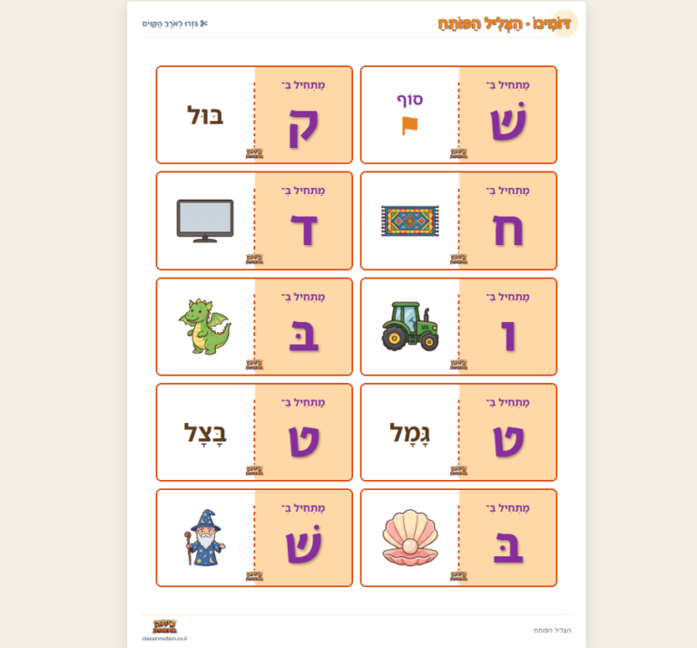מחולל דומינו להדפסה בעברית לכיתות א׳–ב׳: צליל פותח ומסיים, אותיות סופיות, תנועות והברות