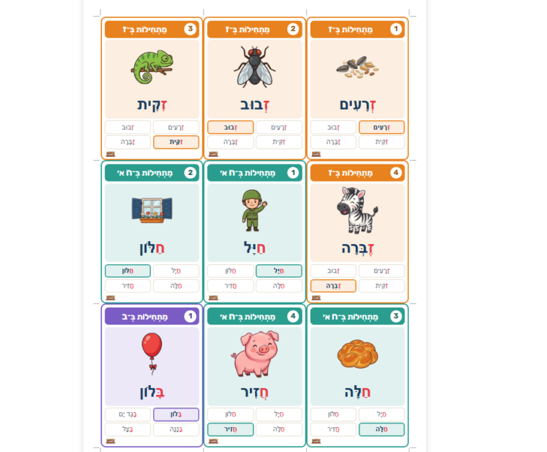 רביעיות להדפסה בעברית לכיתות א׳: מחולל משחקים לפי נושא, אות פותחת ומסיימת, תנועות והברות